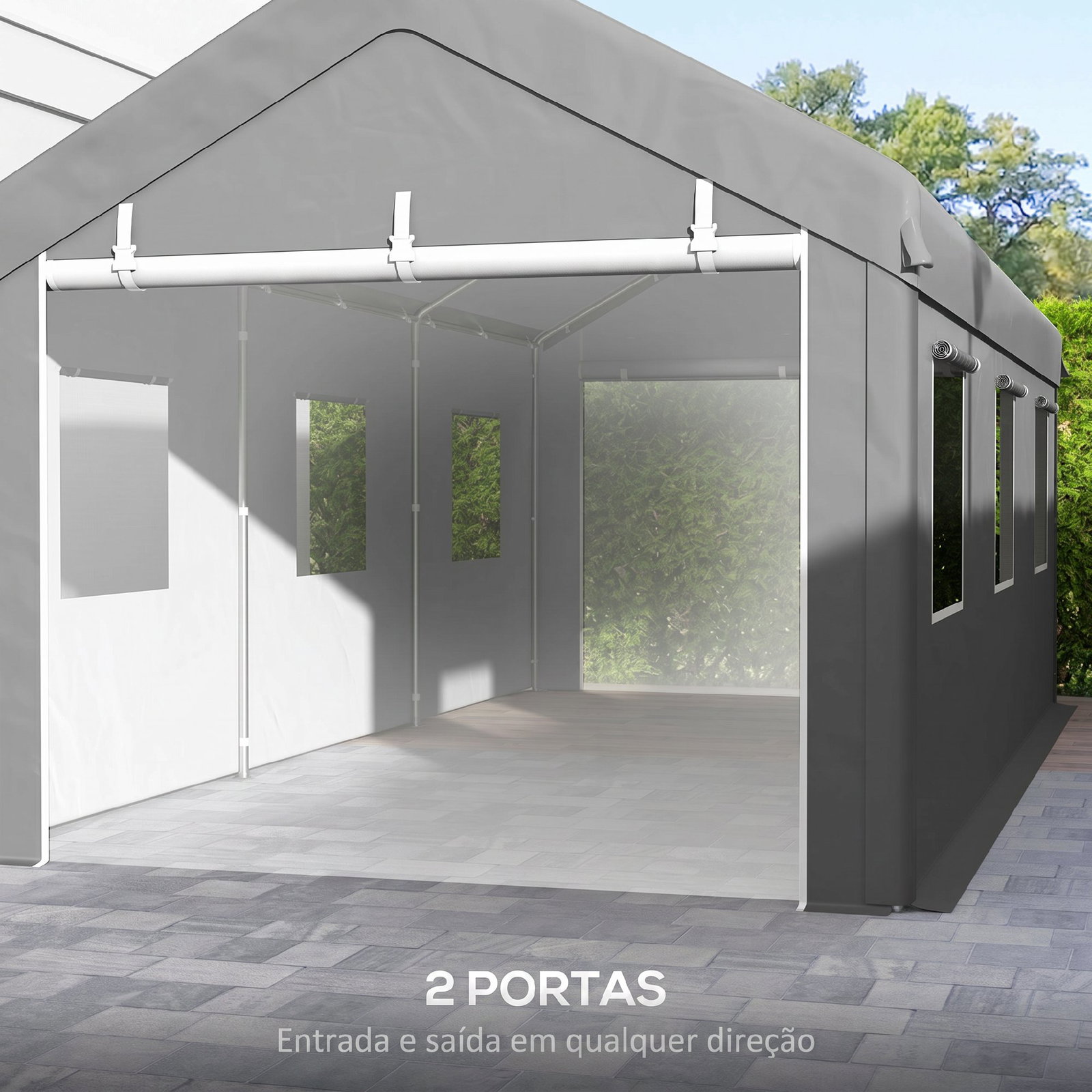 Tenda garagem 295x600x278 cm tenda de exterior resistente com 2 portas enroláveis e 6 janelas cinzento