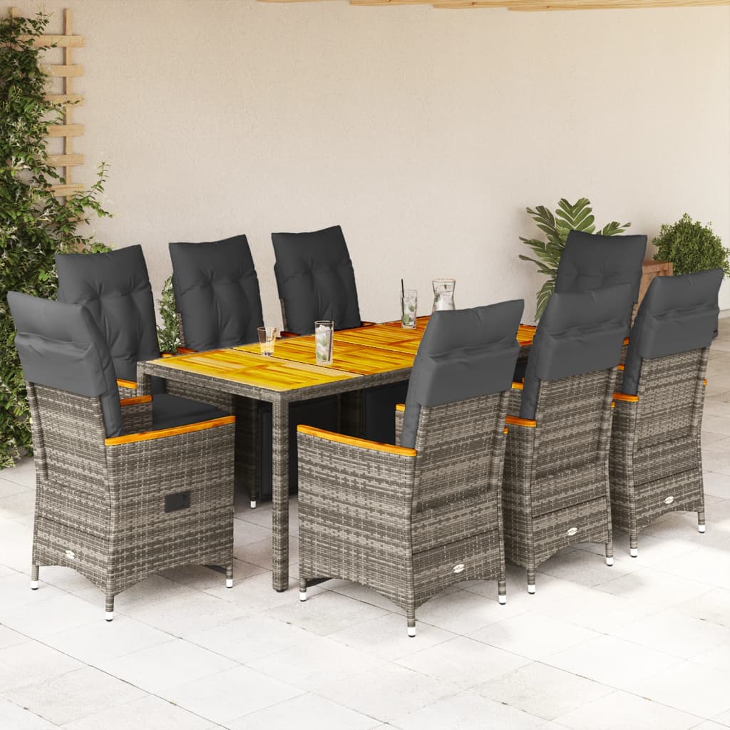 9 Pcs conjunto bistrô de jardim c/ almofadões vime PE cinzento