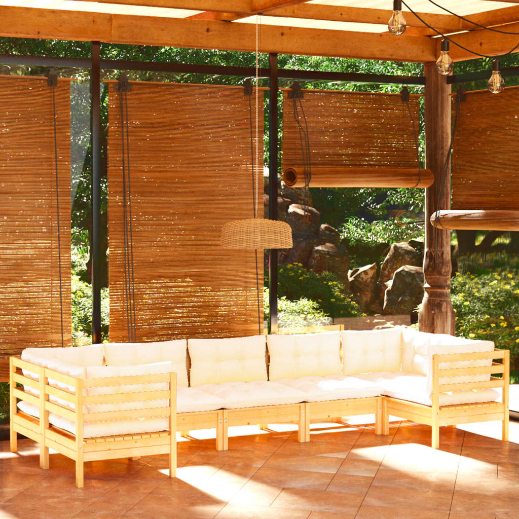 7 Pcs conjunto lounge jardim c/ almofadões cor creme pinho
