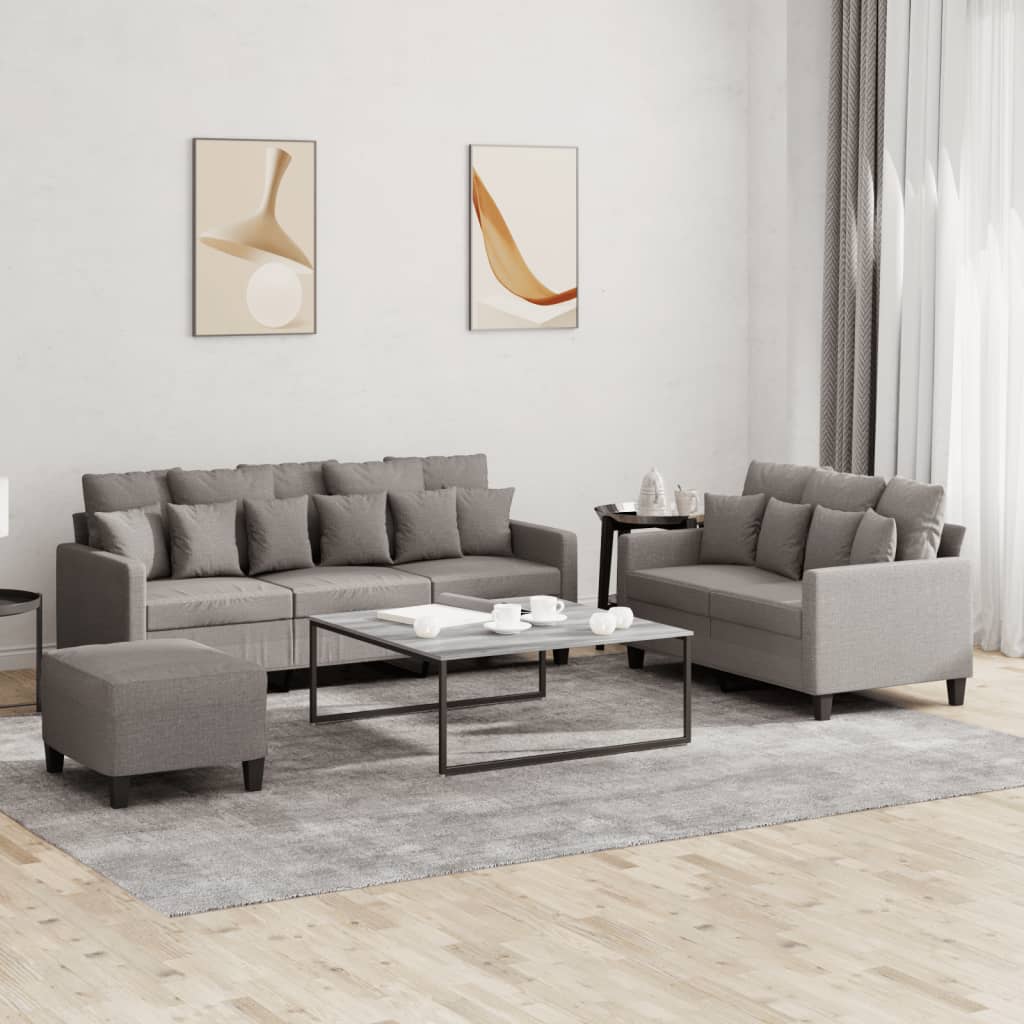 3 Pcs conjunto de sofás com almofadões tecido cinza-acastanhado