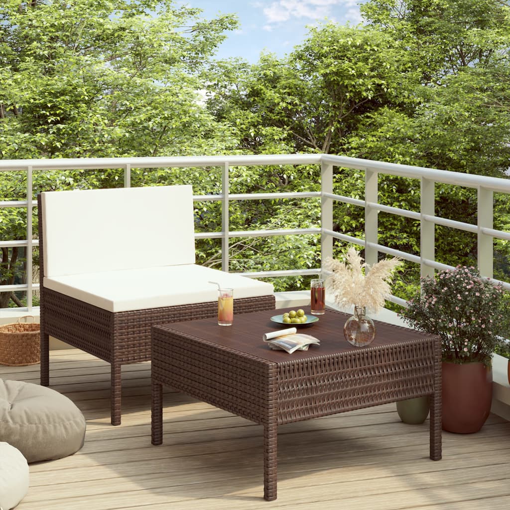2 Pcs conjunto lounge de jardim c/ almofadões vime PE castanho