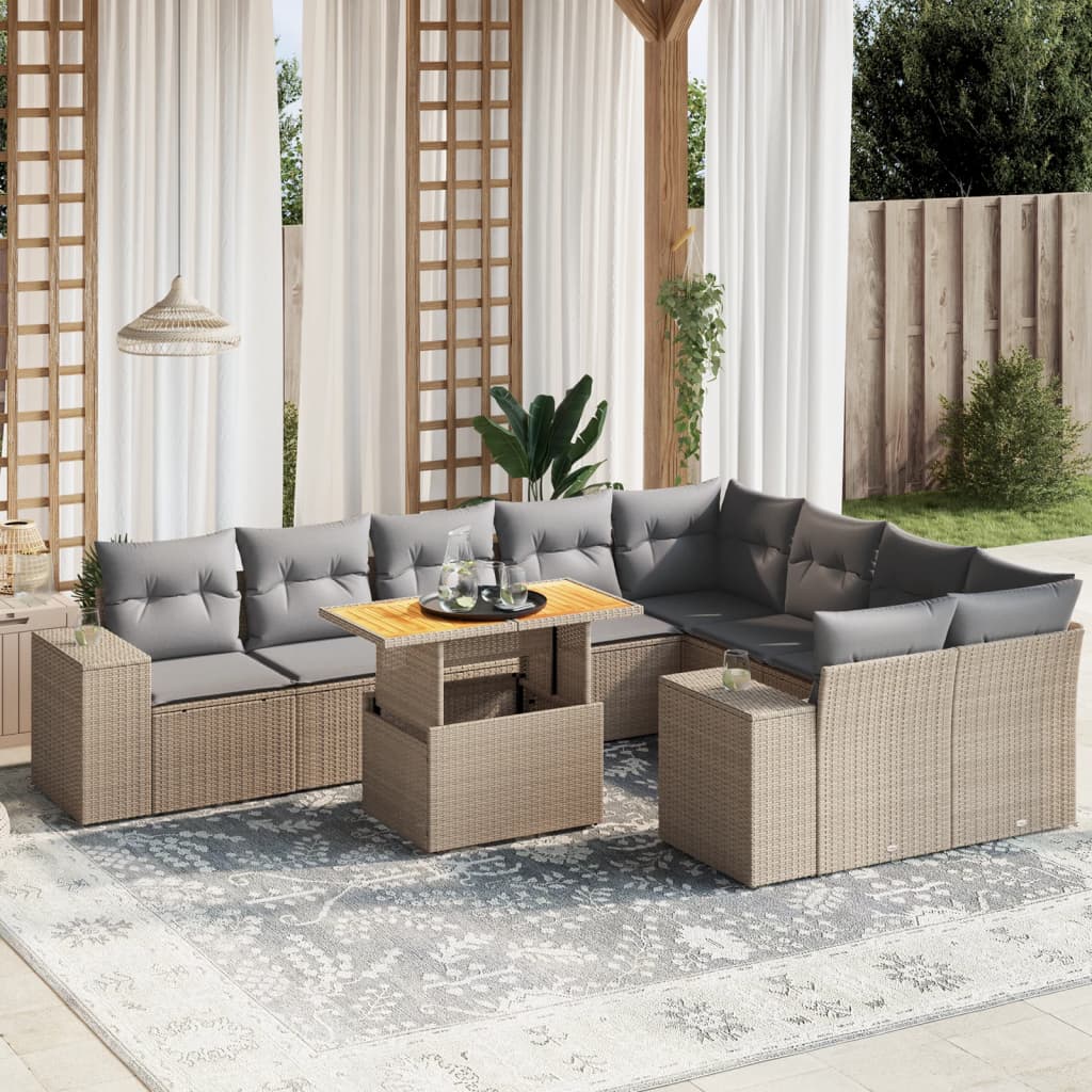 10 Pcs conjunto de sofás p/ jardim com almofadões vime PE bege