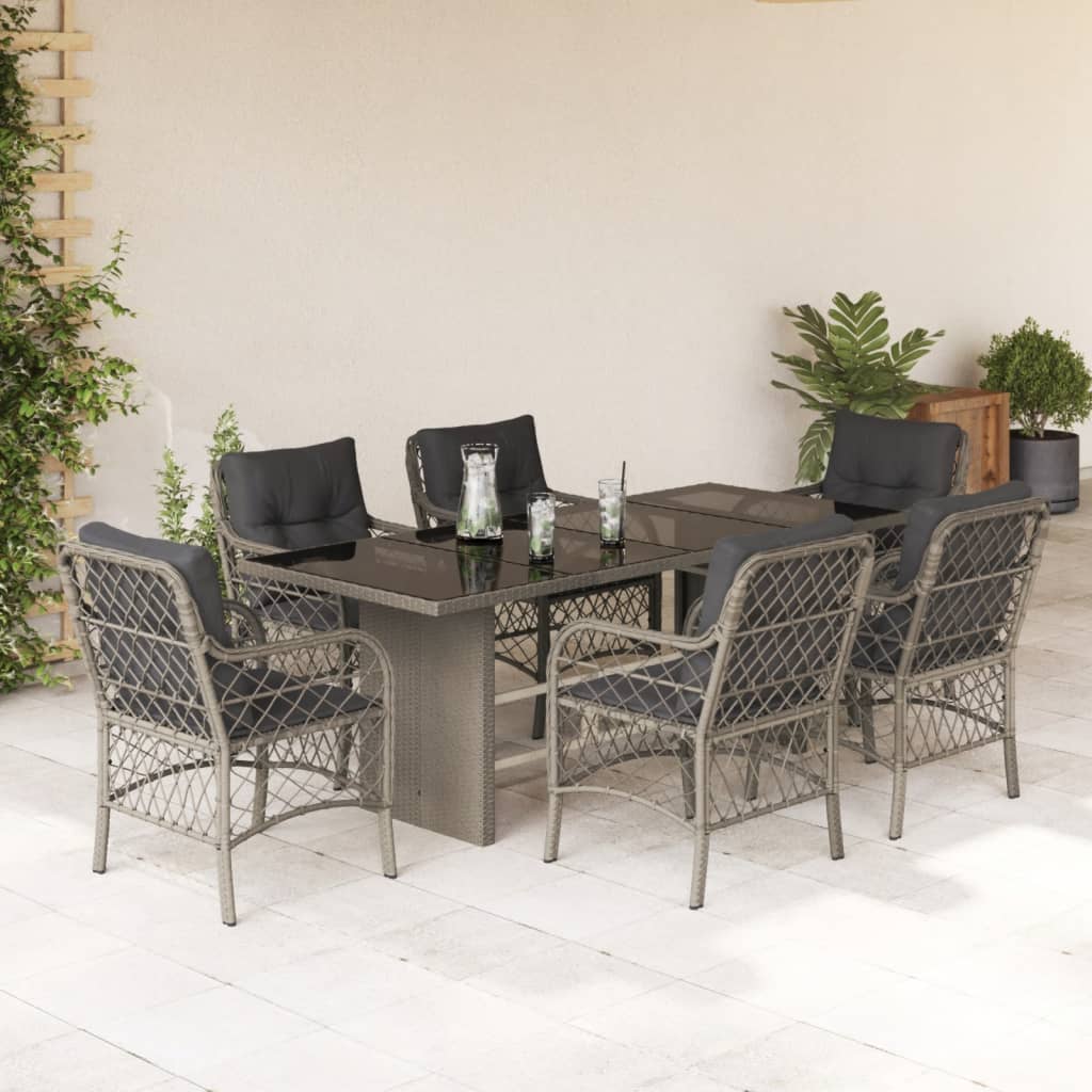 7 Pcs conj. jantar p/ jardim c/ almofadões vime PE cinza-claro
