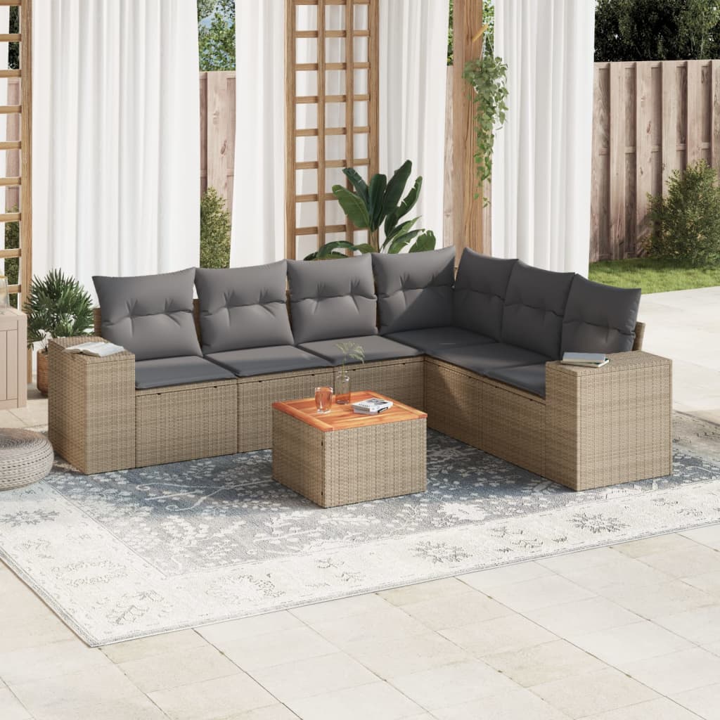 7 Pcs conjunto de sofás p/ jardim com almofadões vime PE bege
