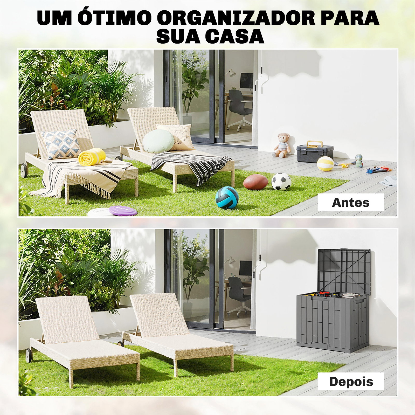 Baú exterior capacidade 114l baú de armazenamento exterior resistente à água e aos raios UV com fecho cinzento