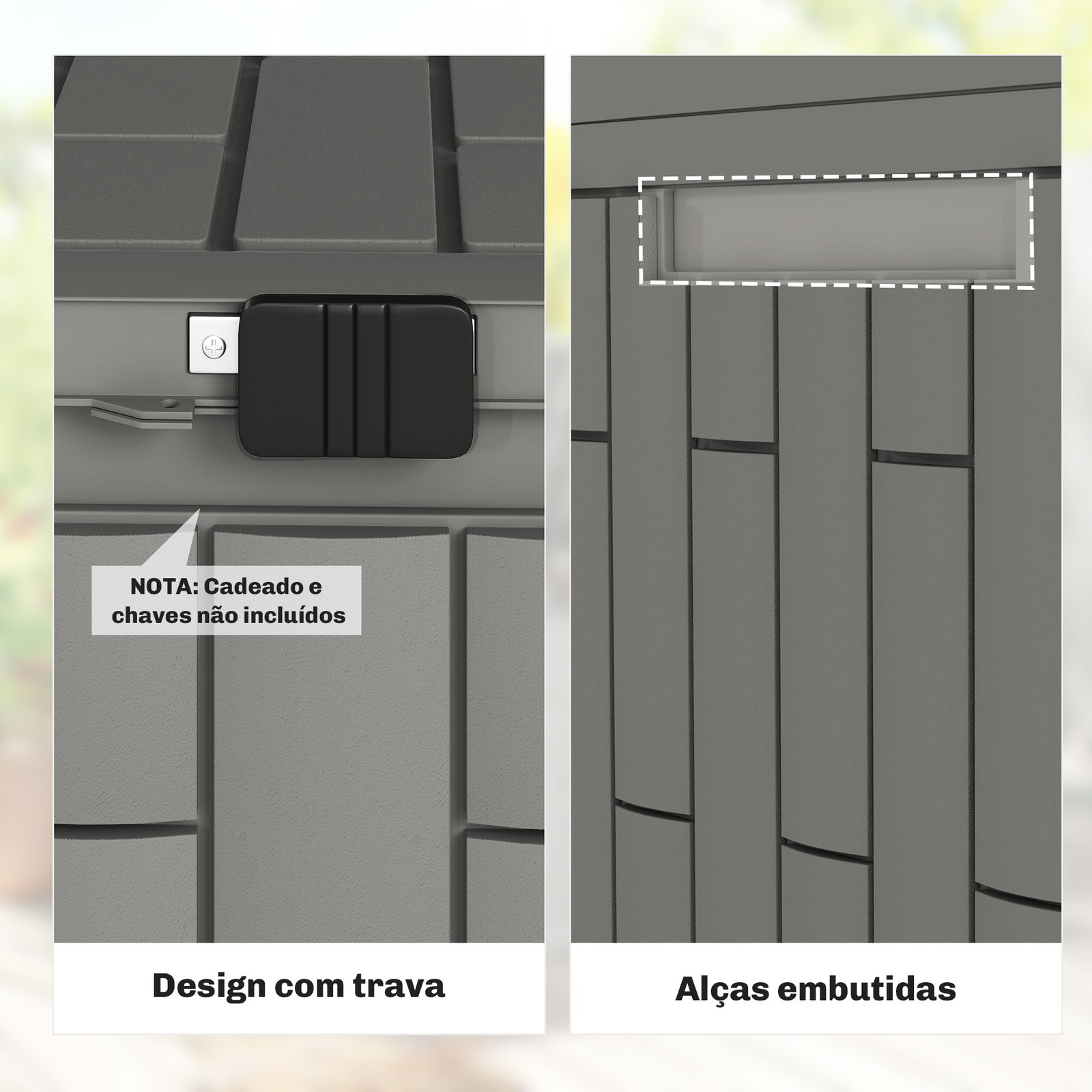 Baú exterior capacidade 114l baú de armazenamento exterior resistente à água e aos raios UV com fecho cinzento