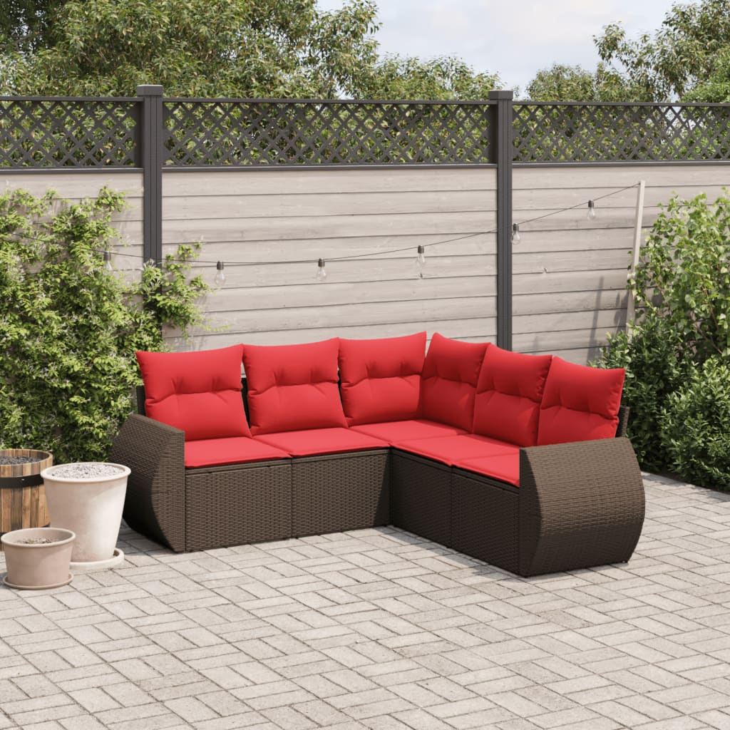 Conjunto de sofá de jardim de 5 peças com almofadas em rattan sintético marrom