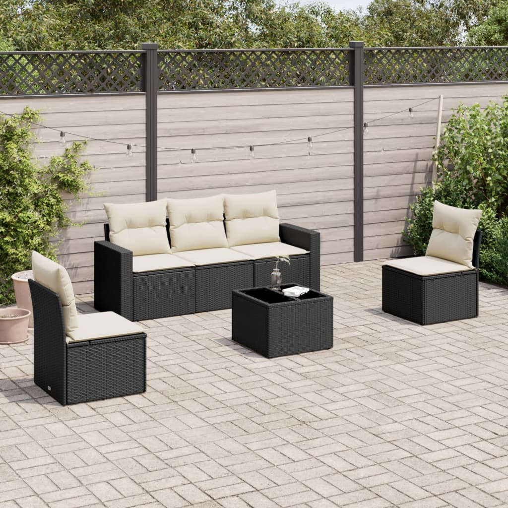 6 Pcs conjunto sofás de jardim c/ almofadões vime PE preto