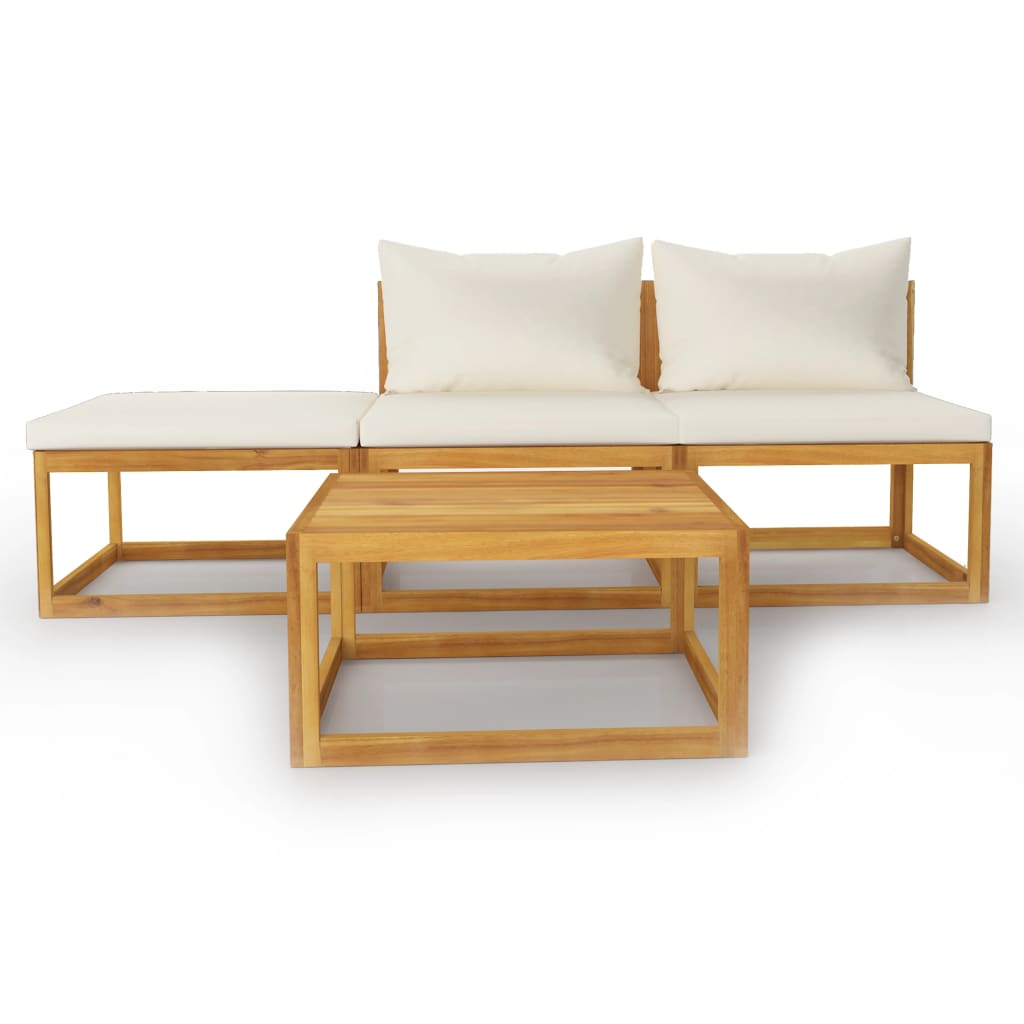 4 Pcs conjunto lounge jardim c/ almofadões acácia maciça creme