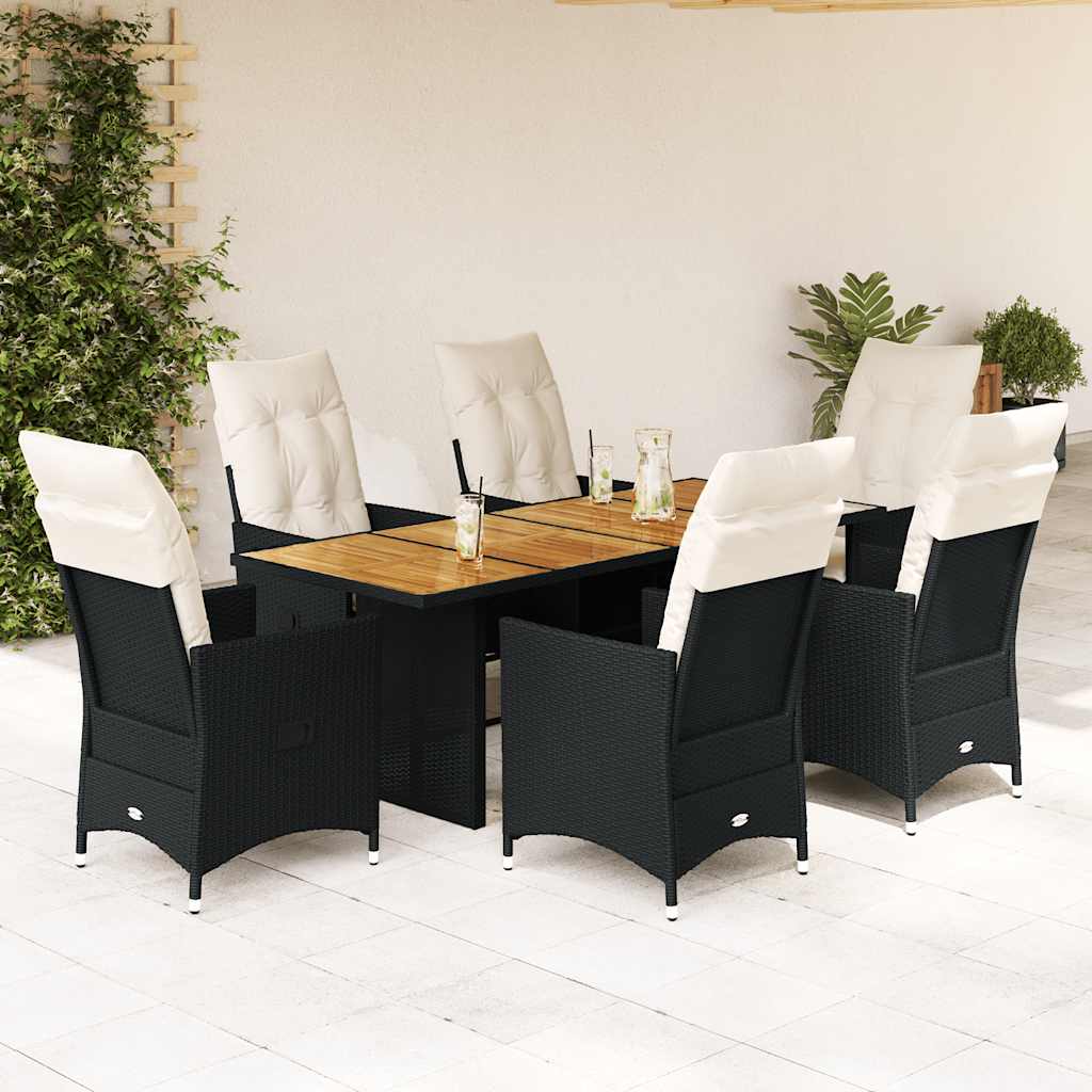 7 Pcs conjunto de jantar p/ jardim c/ almofadões vime PE preto