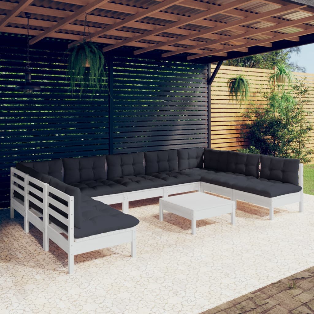 10 Pcs conj. lounge de jardim c/ almofadões pinho maciço branco