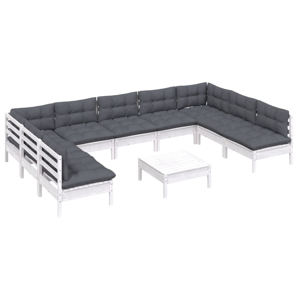 10 Pcs conj. lounge de jardim c/ almofadões pinho maciço branco