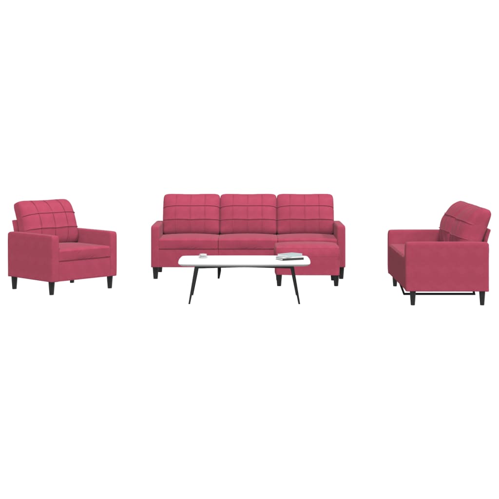 4 Pcs conjunto de sofás com almofadões veludo vermelho tinto