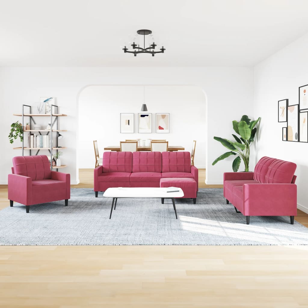 4 Pcs conjunto de sofás com almofadões veludo vermelho tinto