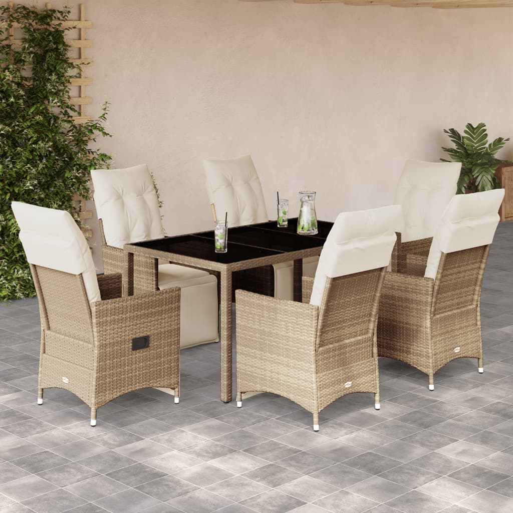 7 Pcs conjunto de bistrô para jardim c/ almofadões vime PE bege