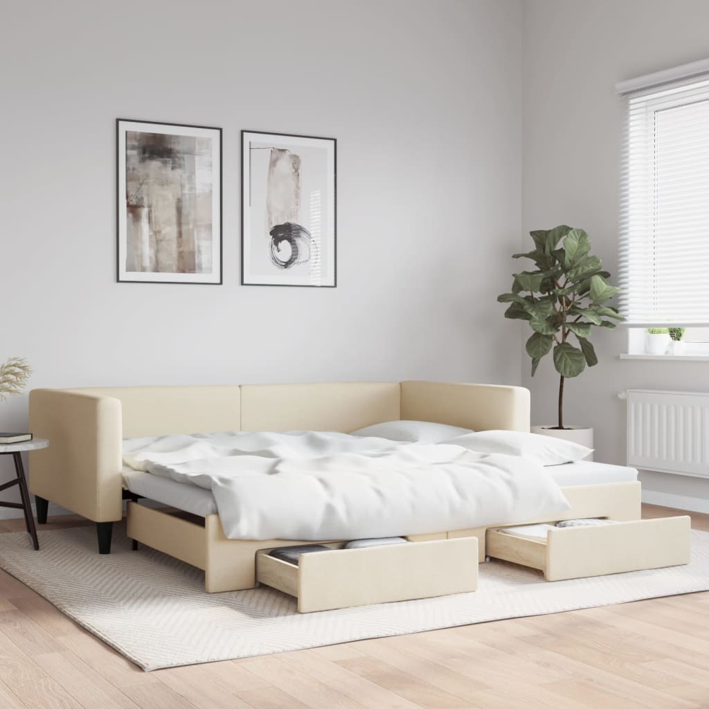 Sofá-cama com gavetão e gavetas 100x200 cm tecido cor creme