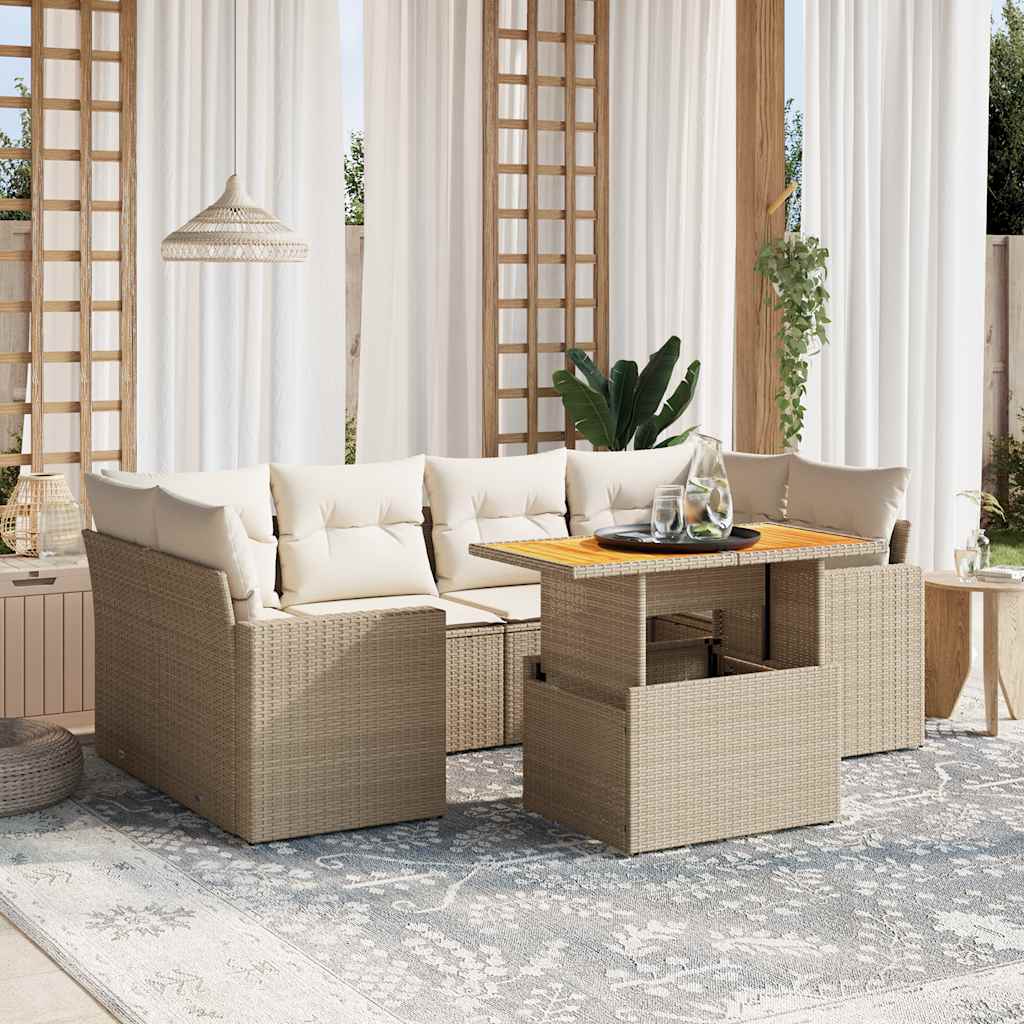 7 Pcs conjunto de sofás p/ jardim com almofadões vime PE bege
