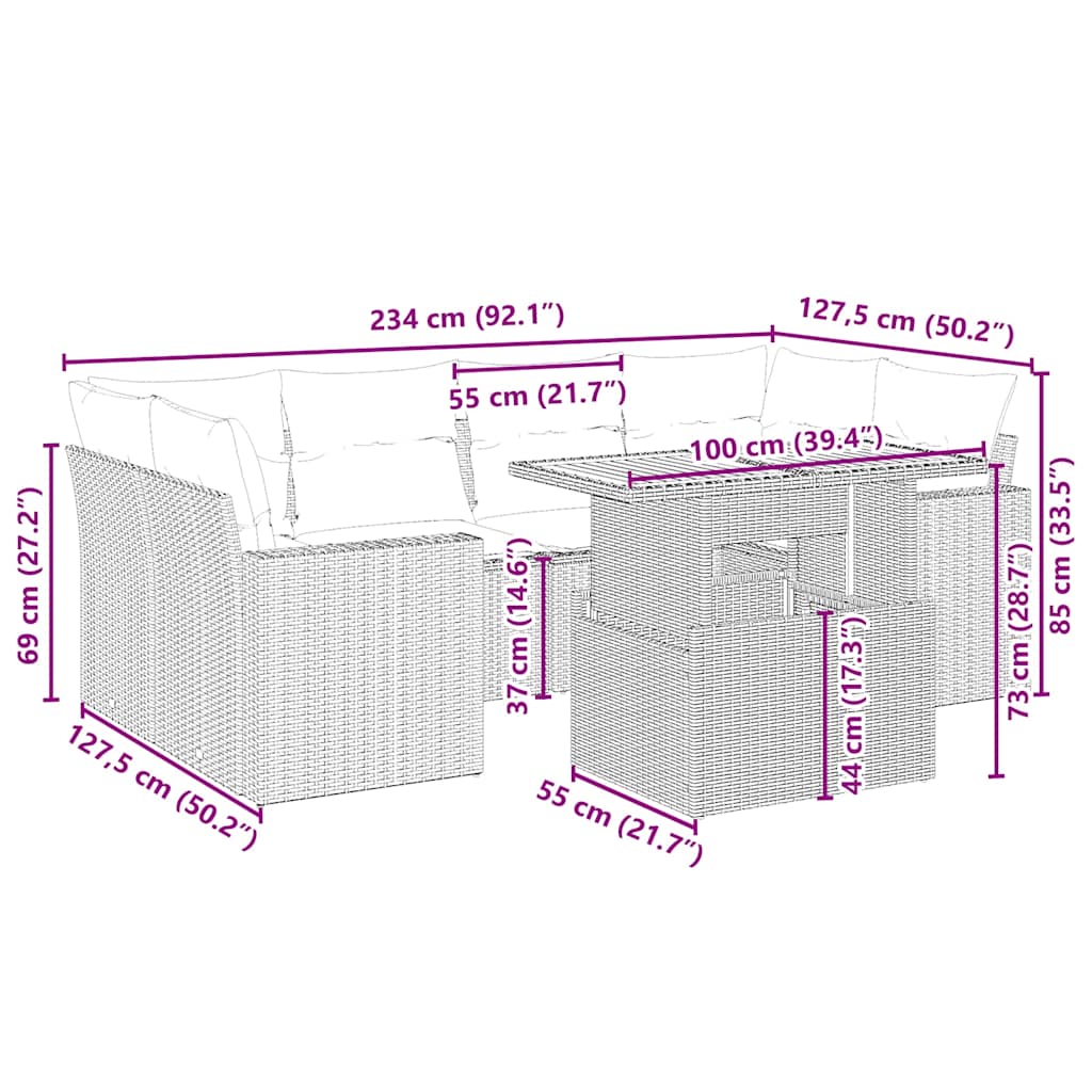 7 Pcs conjunto de sofás p/ jardim com almofadões vime PE bege