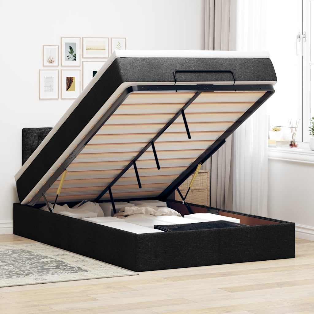 Cama otomana com colchão & leds 120x190 cm tecido preto