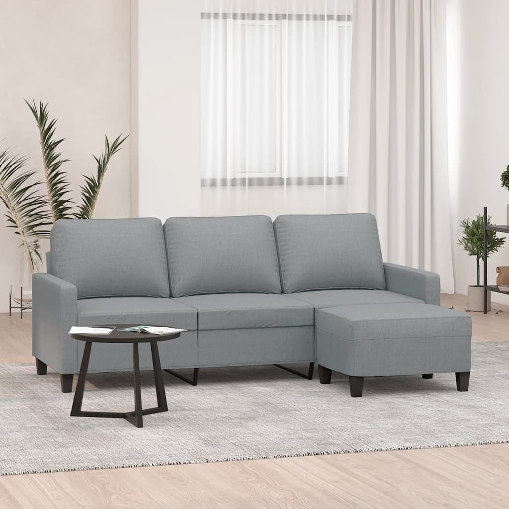Sofá de 3 lugares com apoio de pés 180 cm tecido cinzento-claro