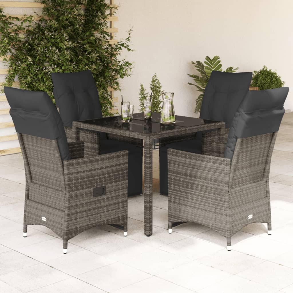 5 Pcs conjunto bistrô de jardim c/ almofadões vime PE cinza