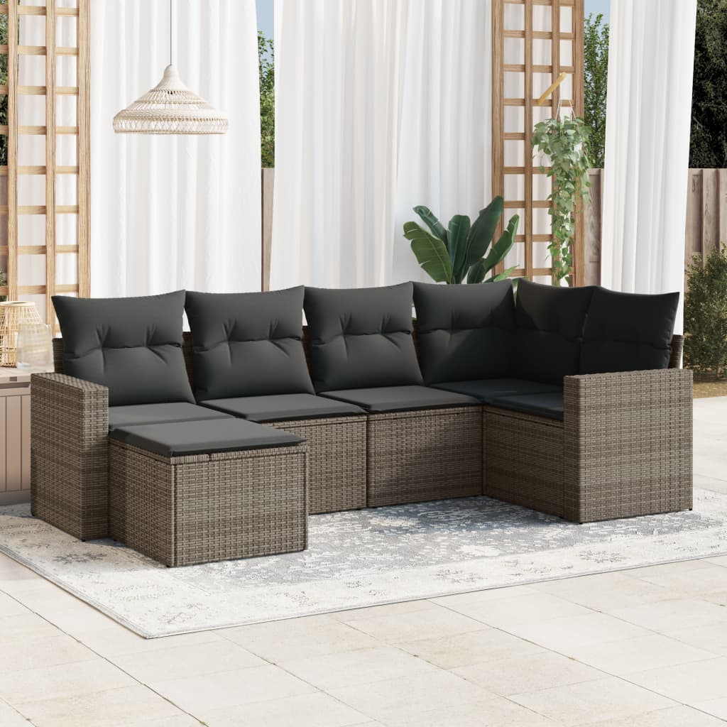 6 Pcs conjunto sofás de jardim com almofadões vime cinzento