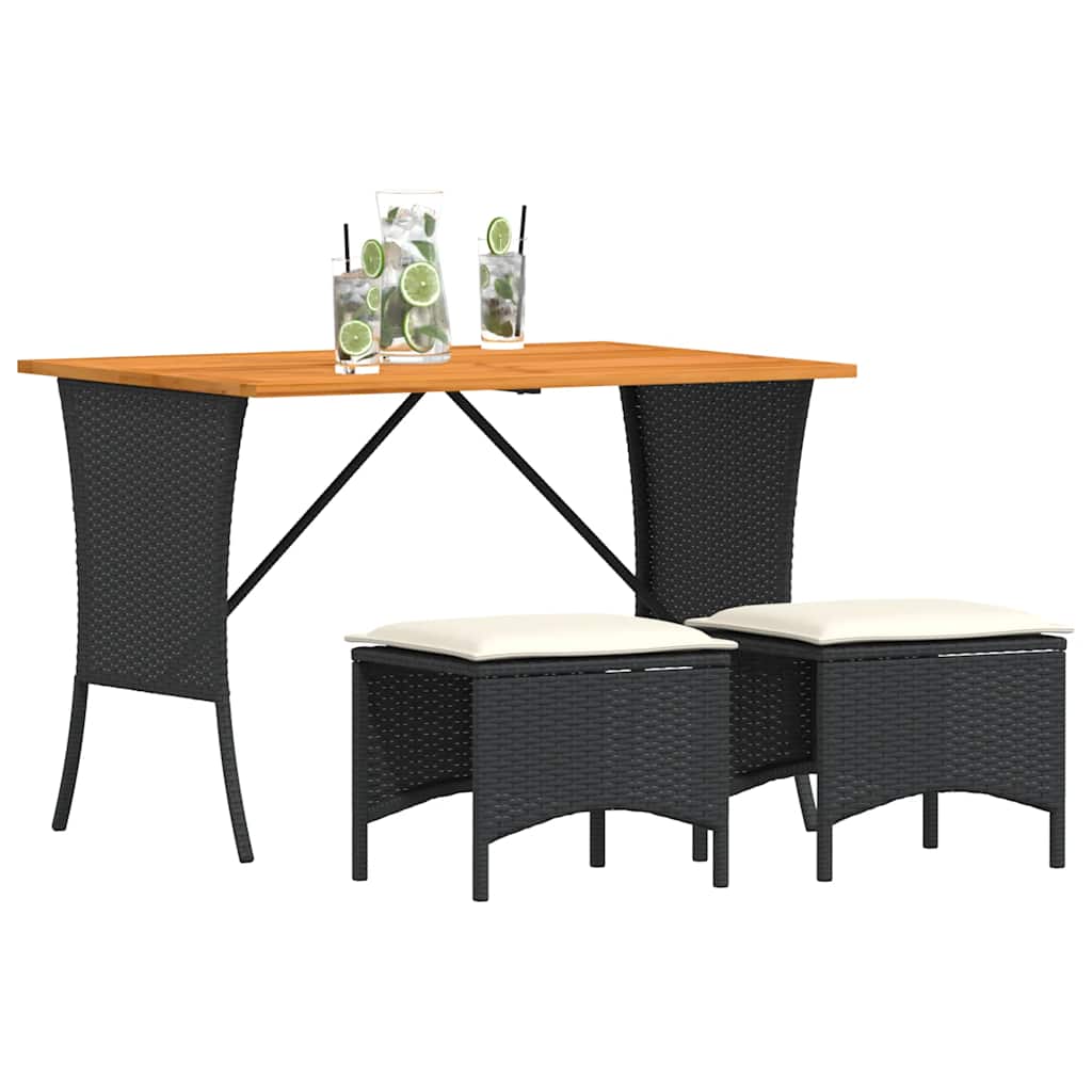3 Pcs conjunto de jantar p/ jardim c/ almofadões vime PE preto