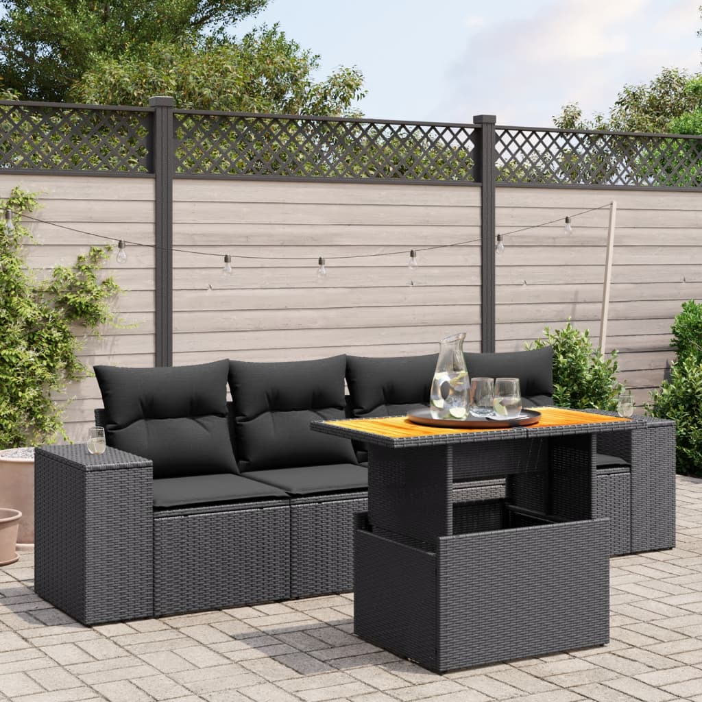 5 Pcs conjunto sofás de jardim com almofadões vime PE preto