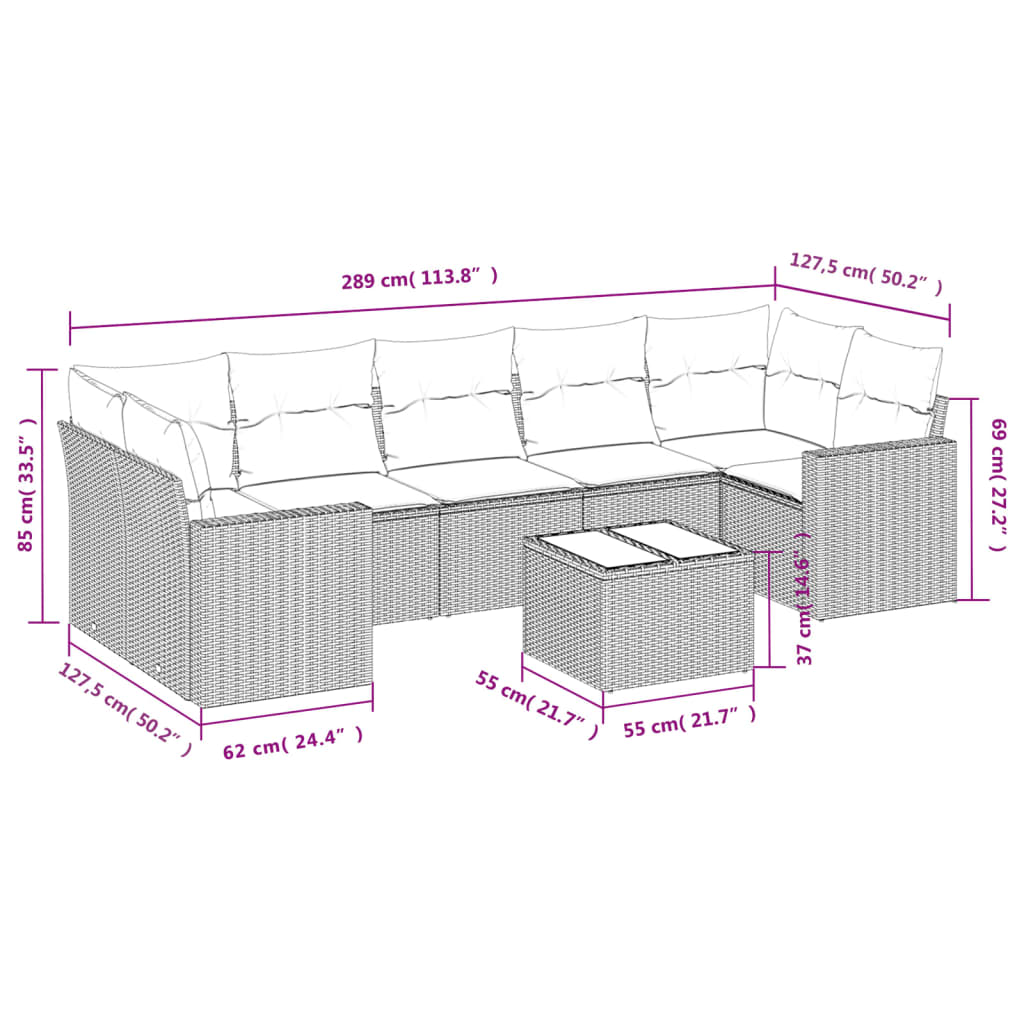 8 Pcs conjunto de sofás p/ jardim com almofadões vime PE bege