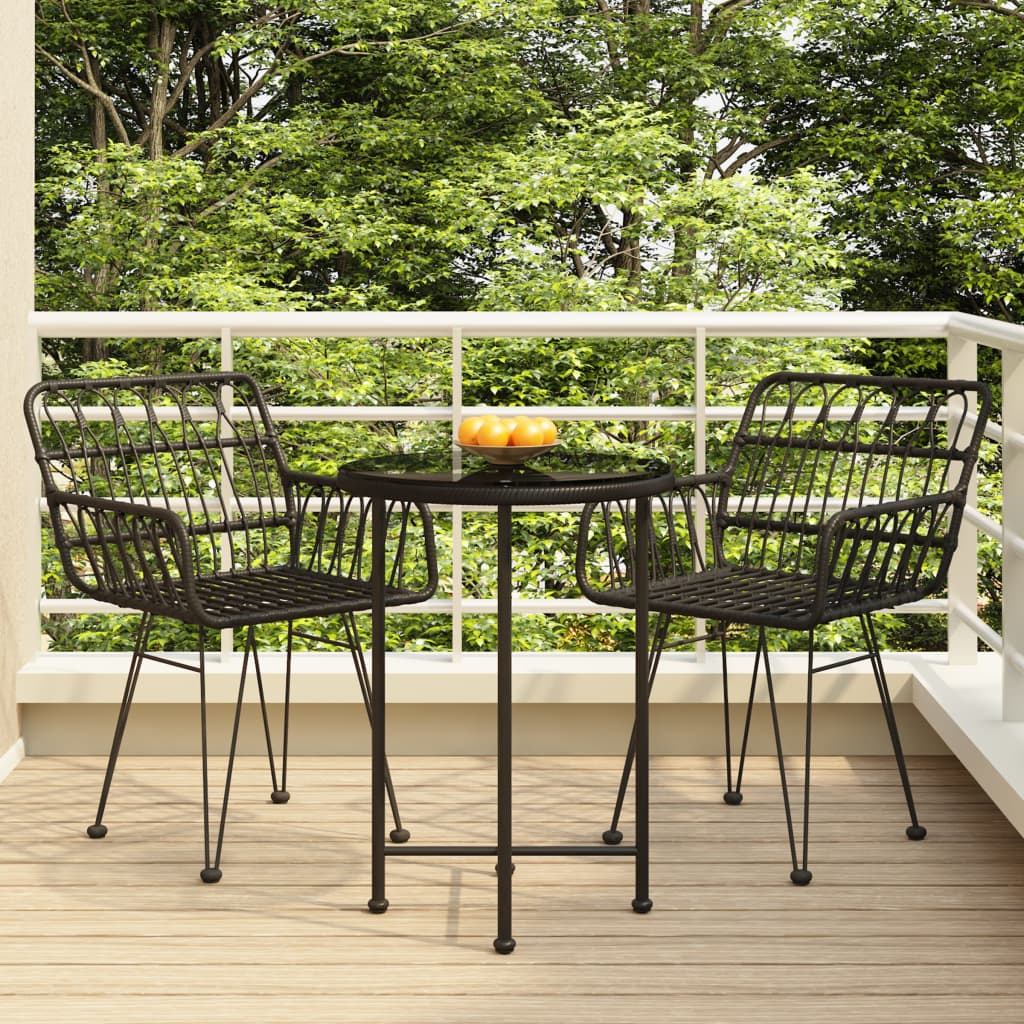 3 Pcs conjunto de jantar para jardim vime PE preto