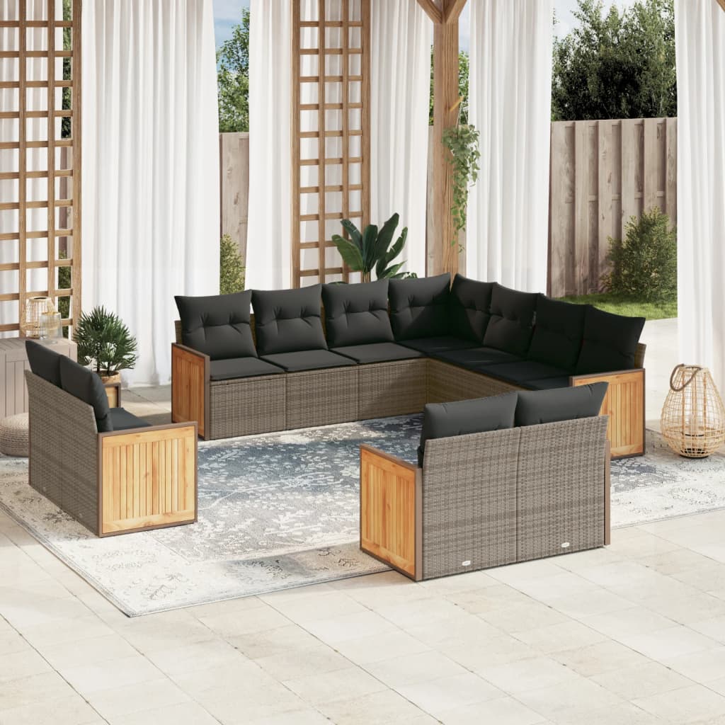 11 Pcs conjunto sofás de jardim c/ almofadões vime PE cinzento