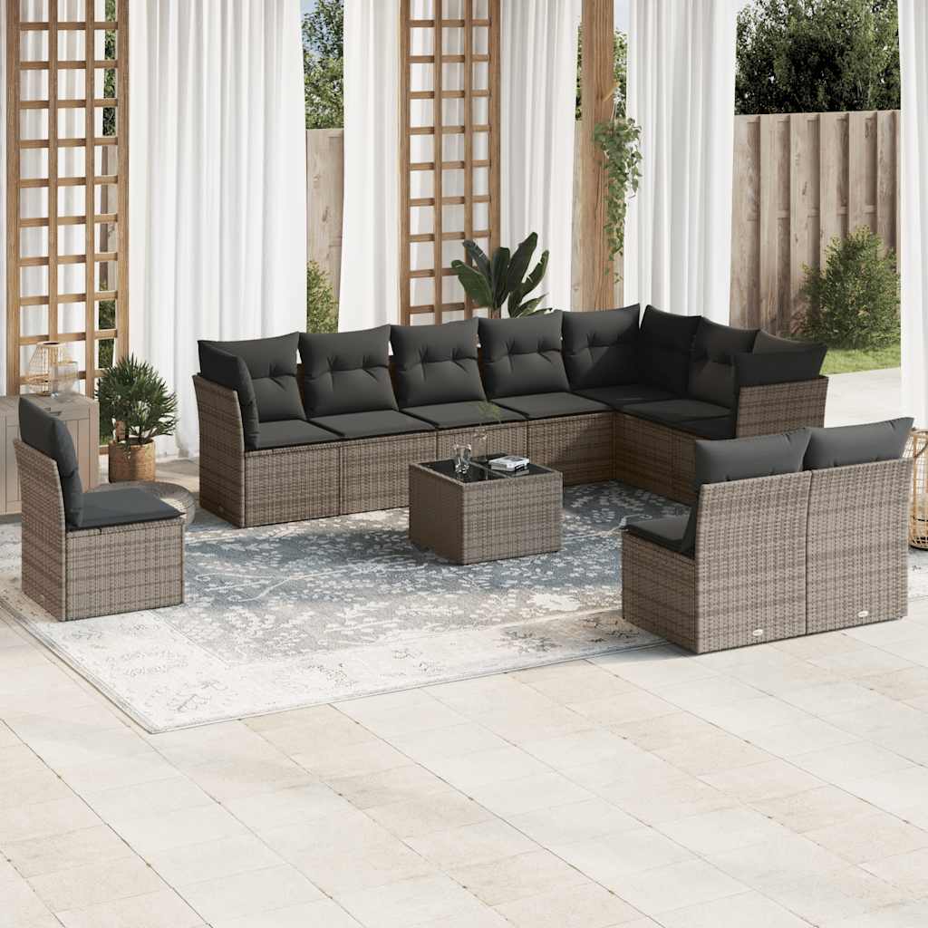 11 Pcs conjunto sofás de jardim c/ almofadões vime PE cinzento