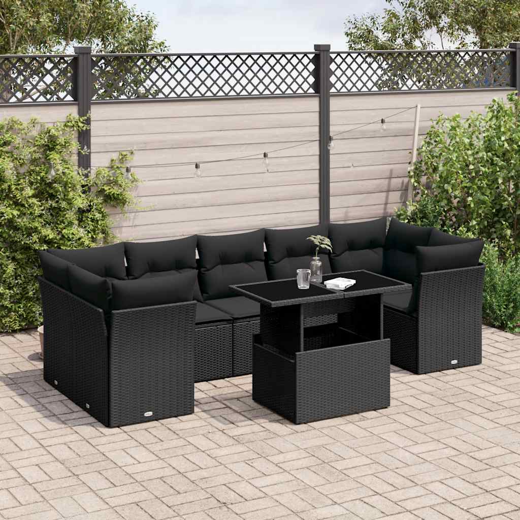 8 Pcs conjunto sofás de jardim com almofadões vime PE preto