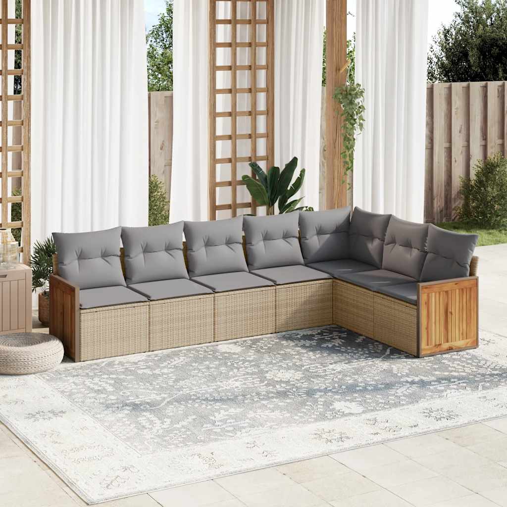7 Pcs conjunto de sofás p/ jardim com almofadões vime PE bege
