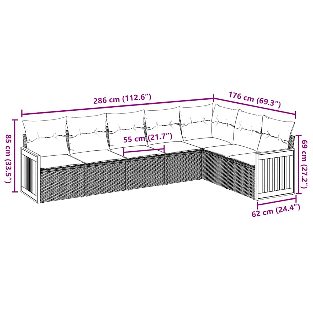 7 Pcs conjunto de sofás p/ jardim com almofadões vime PE bege