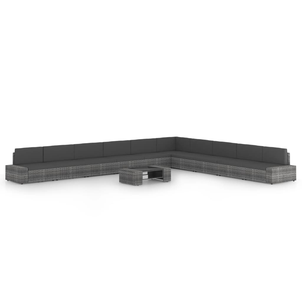 11 Pcs conjunto lounge de jardim c/ almofadões vime PE cinzento
