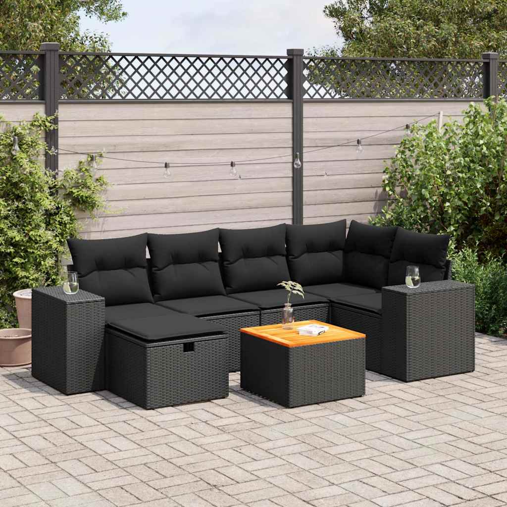 7 Pcs conjunto de sofás p/ jardim c/ almofadões vime PE preto