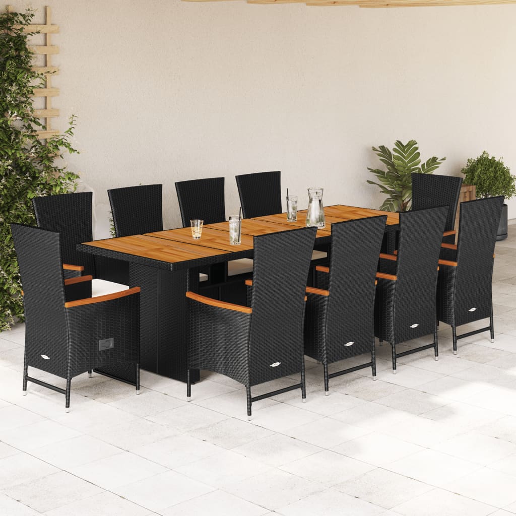 11 Pcs conjunto de jantar p/ jardim c/ almofadões vime PE preto
