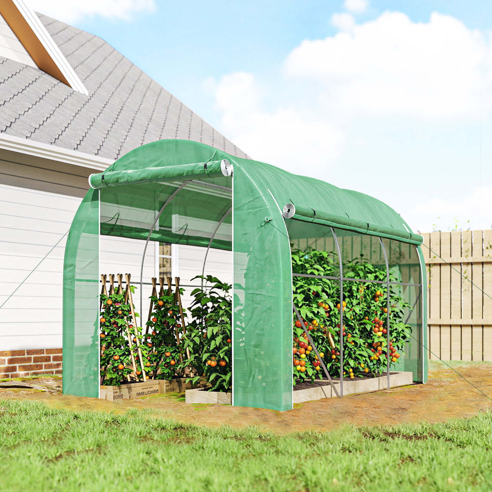 Estufa tipo túnel 296x196x200 cm estufa de jardim com 3 portas e 6 janelas enroláveis teto curvo para cultivo verde