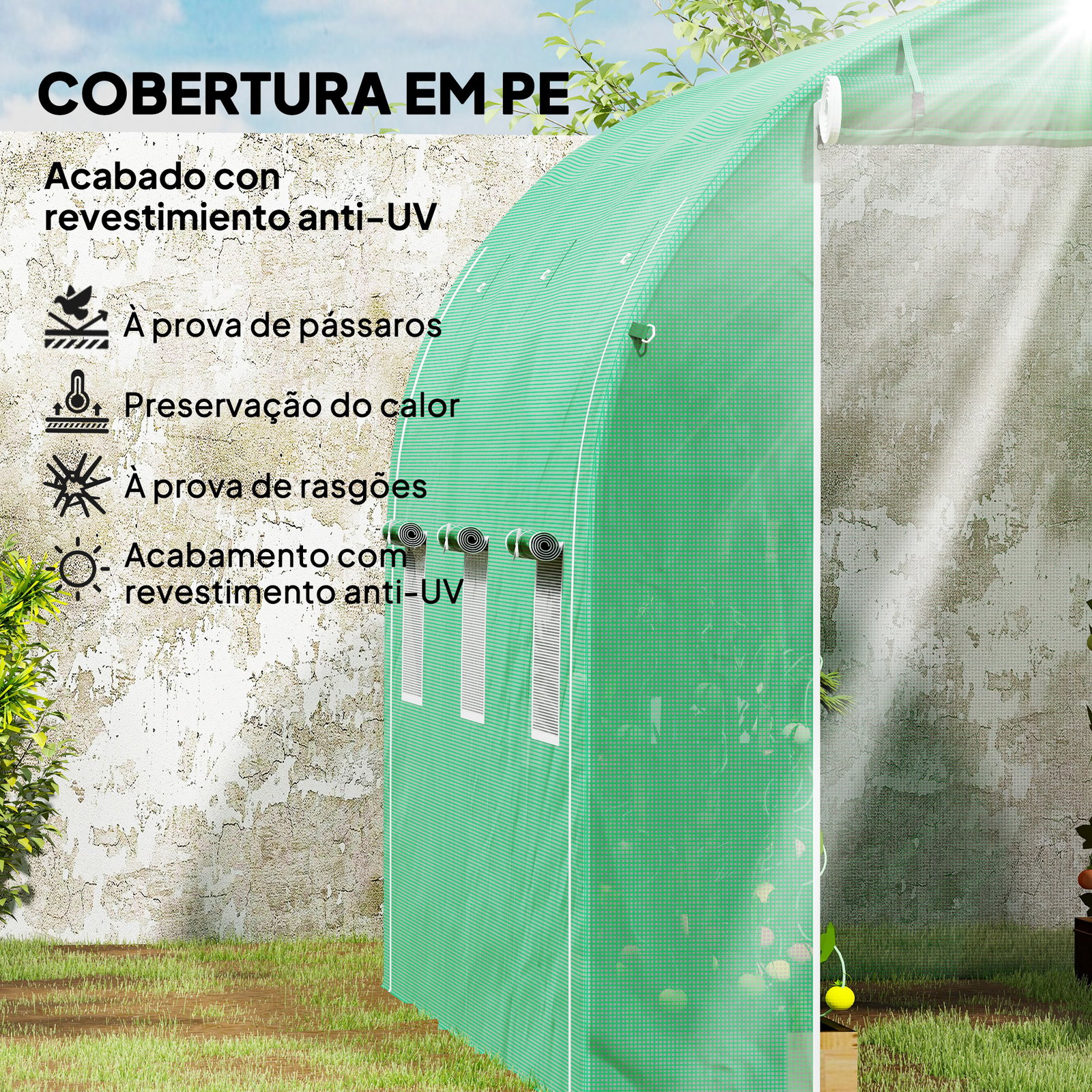 Estufa tipo túnel 296x196x200 cm estufa de jardim com 3 portas e 6 janelas enroláveis teto curvo para cultivo verde