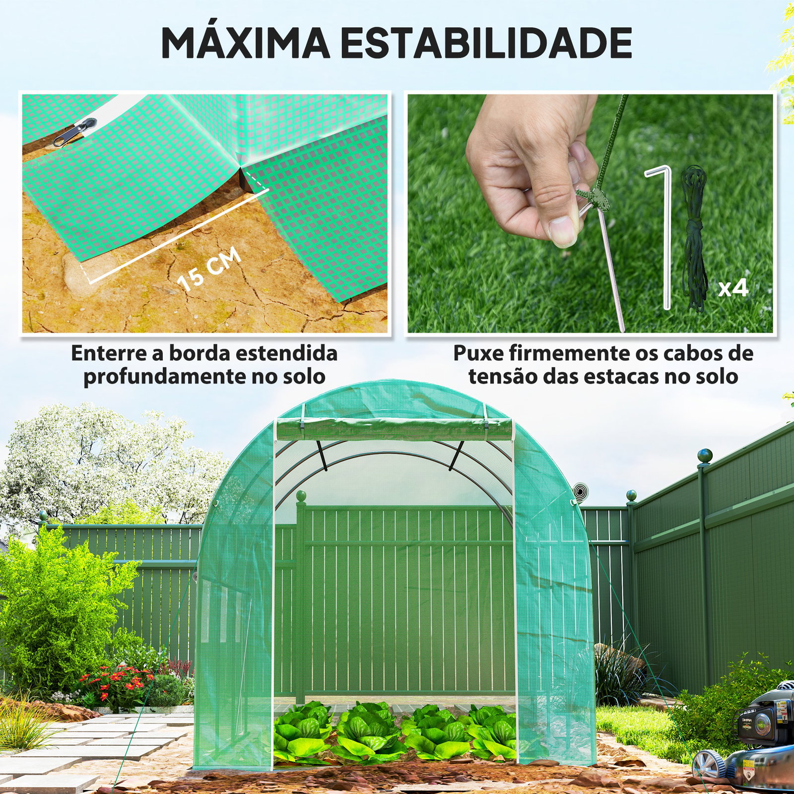 Estufa tipo túnel 296x196x200 cm estufa de jardim com 3 portas e 6 janelas enroláveis teto curvo para cultivo verde