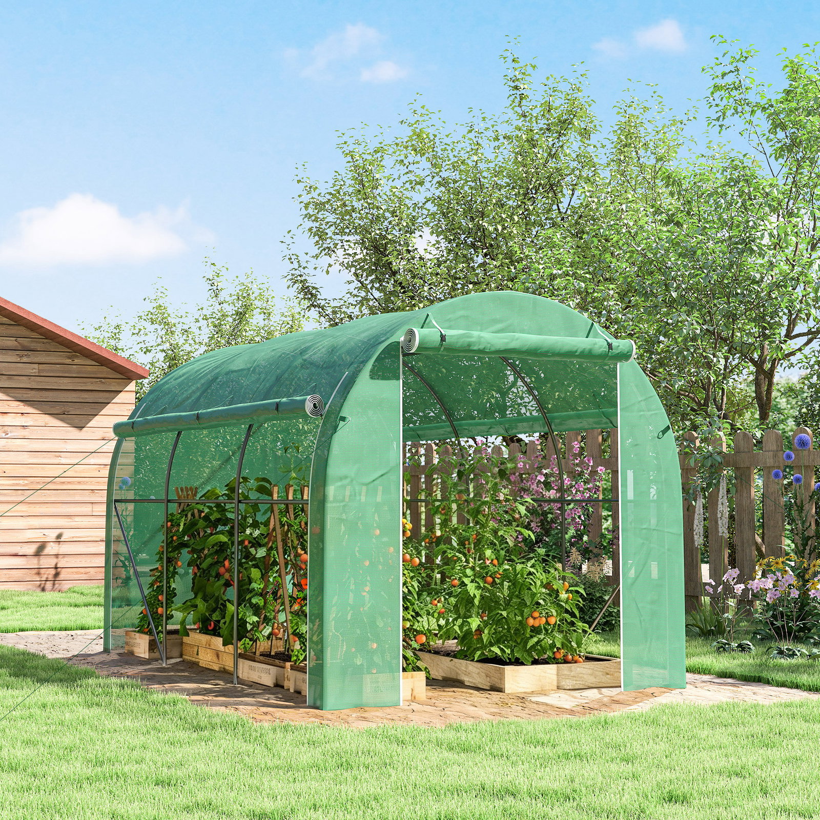 Estufa tipo túnel 296x196x200 cm estufa de jardim com 3 portas e 6 janelas enroláveis teto curvo para cultivo verde