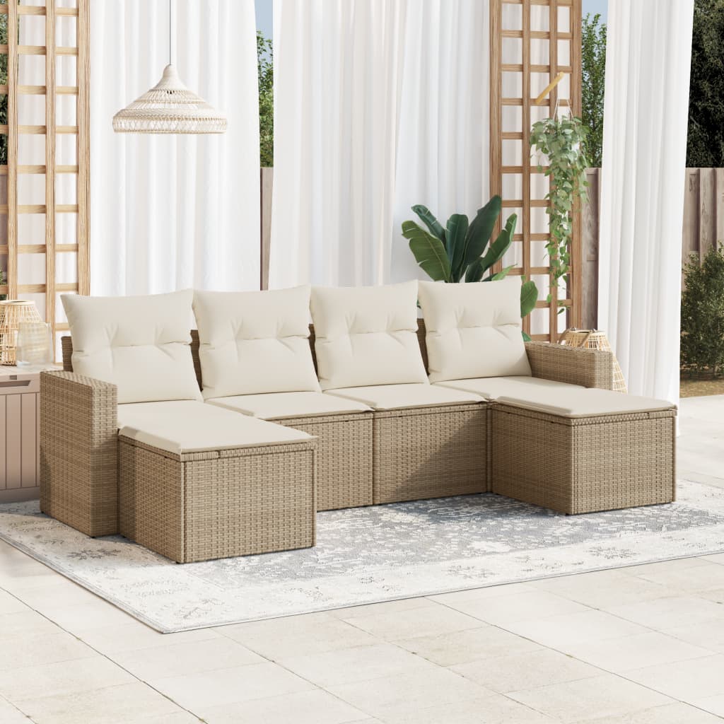 6 Pcs conjunto de sofás p/ jardim com almofadões vime PE bege