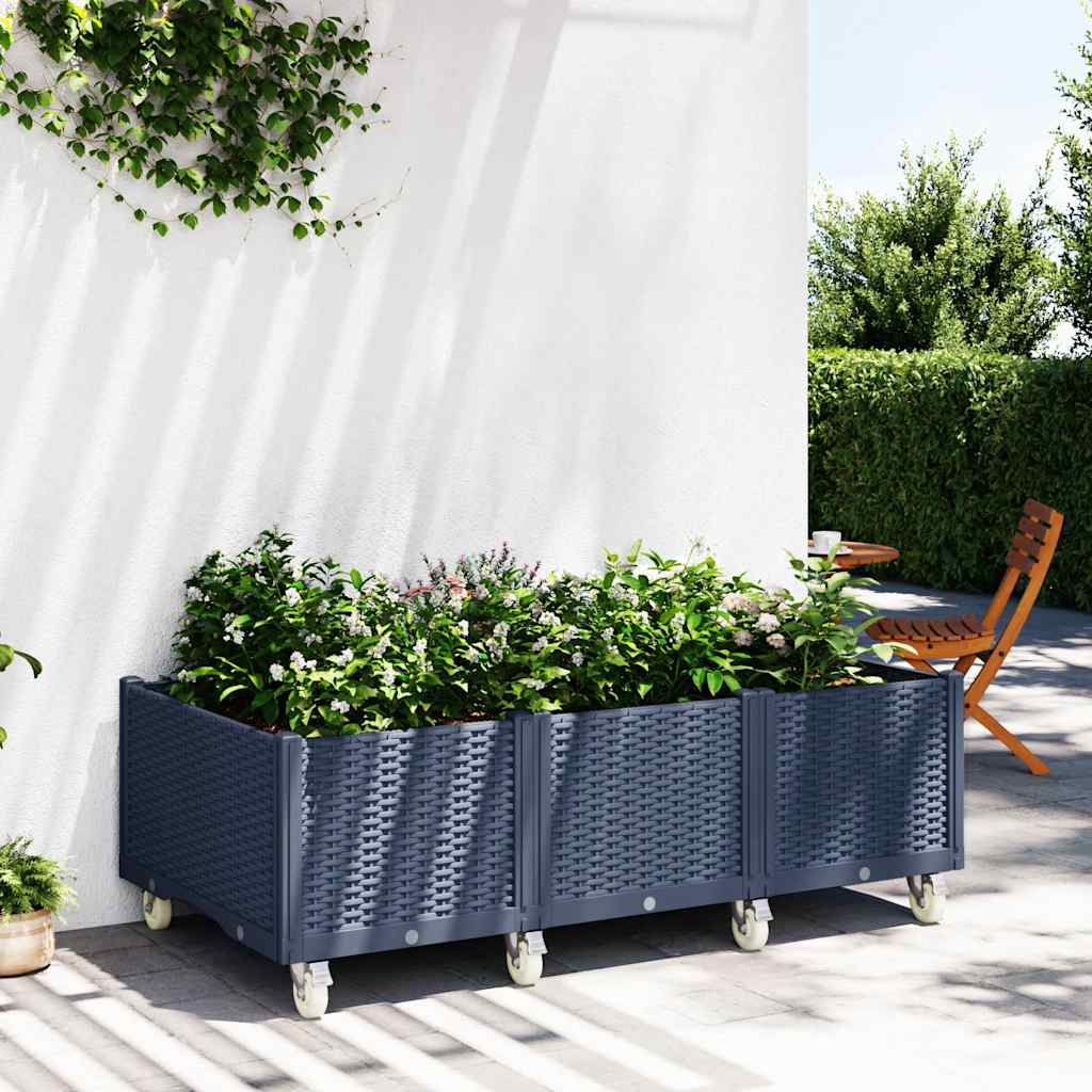 Vaso/floreira de jardim com rodas 150x80x54 cm PP cinzento azul
