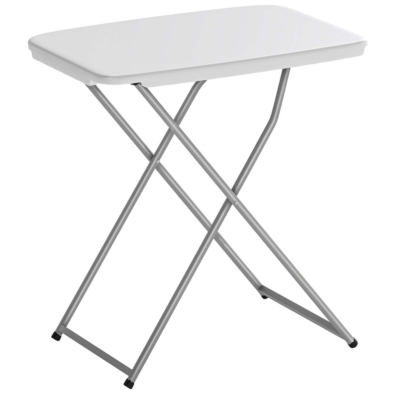Mesa dobrável de campismo 75x50x73,5 cm com altura ajustável em 5 níveis com bancada em HDPE e estrutura metálica branco