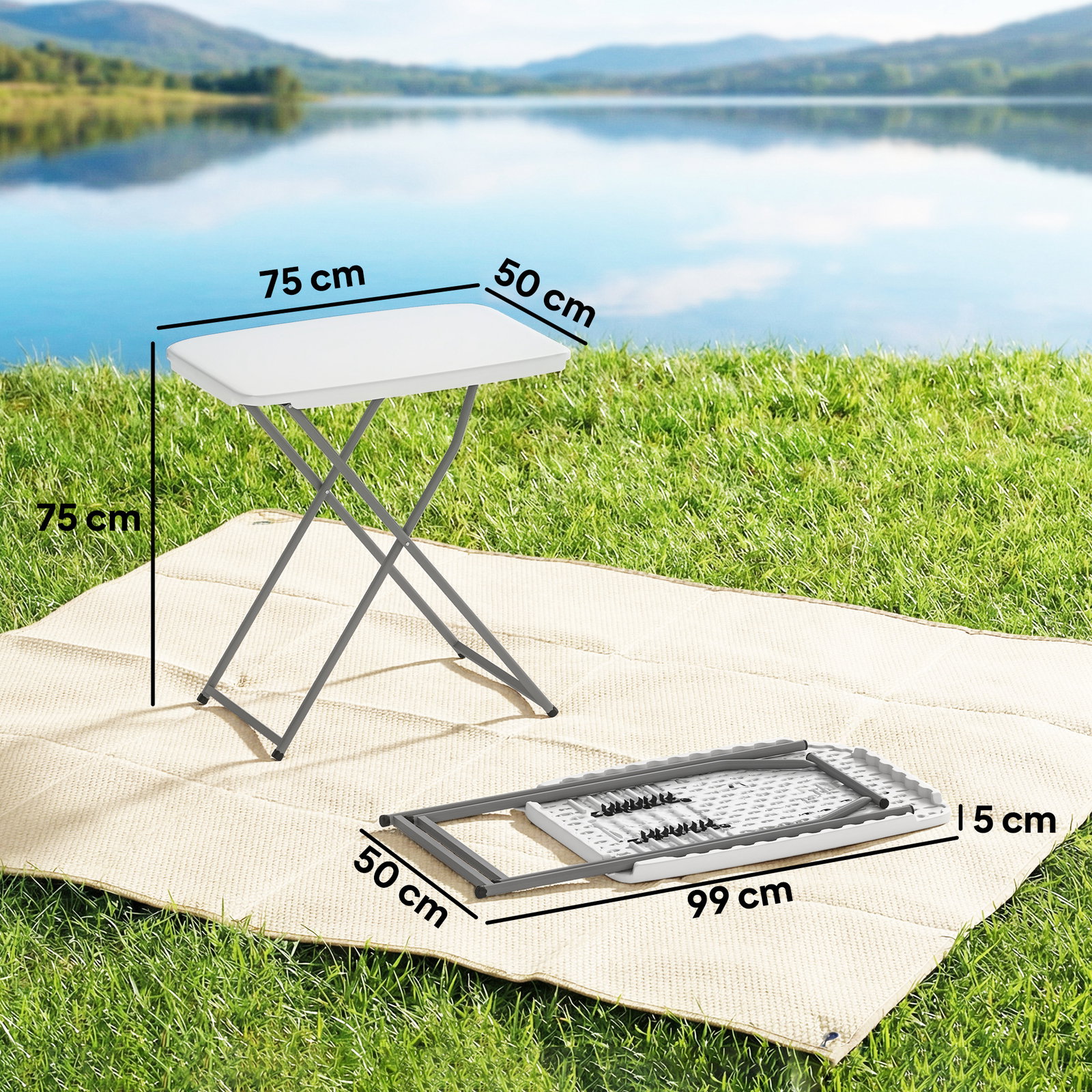Mesa dobrável de campismo 75x50x73,5 cm com altura ajustável em 5 níveis com bancada em HDPE e estrutura metálica branco