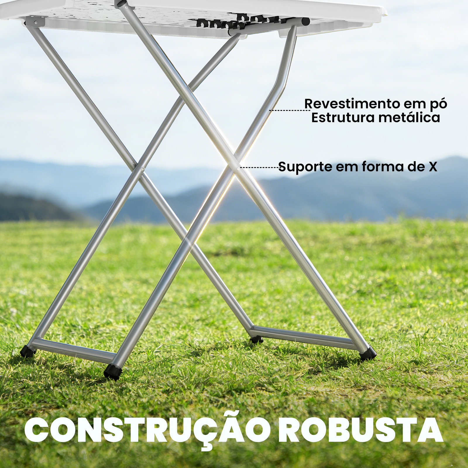 Mesa dobrável de campismo 75x50x73,5 cm com altura ajustável em 5 níveis com bancada em HDPE e estrutura metálica branco
