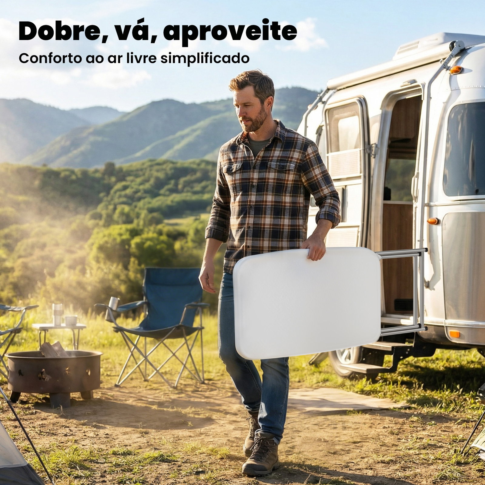 Mesa dobrável de campismo 75x50x73,5 cm com altura ajustável em 5 níveis com bancada em HDPE e estrutura metálica branco
