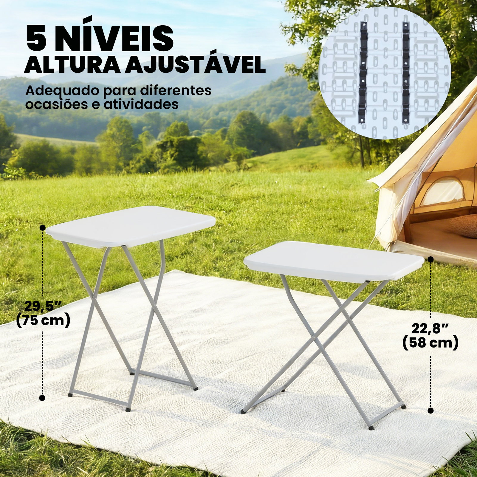 Mesa dobrável de campismo 75x50x73,5 cm com altura ajustável em 5 níveis com bancada em HDPE e estrutura metálica branco
