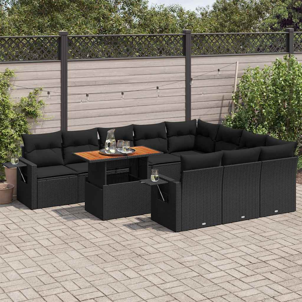 11 Pcs conjunto sofás de jardim c/ almofadões vime PE preto